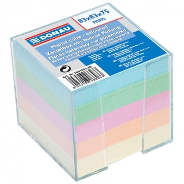 Bloček kocka nelepená 83x83x75mm pastelové farby číra škatuľka
