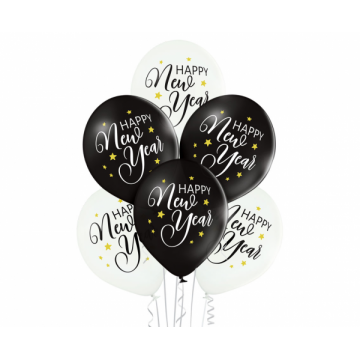 Latexové balonky bílo-černé - Happy New Year 30 cm - 6 ks