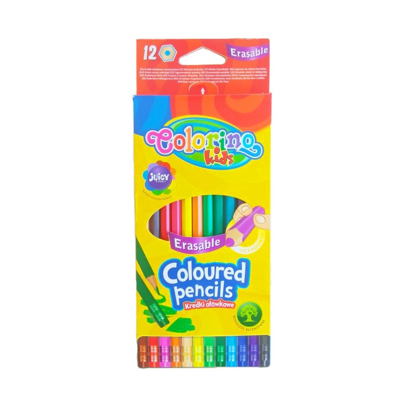Colorino pastelky vygumovateľné, hexagonálne, s gumou, 12 farieb