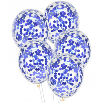 Priehľadné balóniky s Modrými konfetami, 30 cm - 5 ks