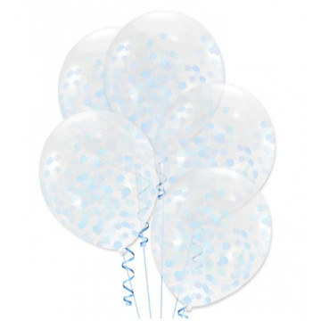 Priehľadné balóniky s Svetlo modrými konfetami, 30 cm - 5 ks